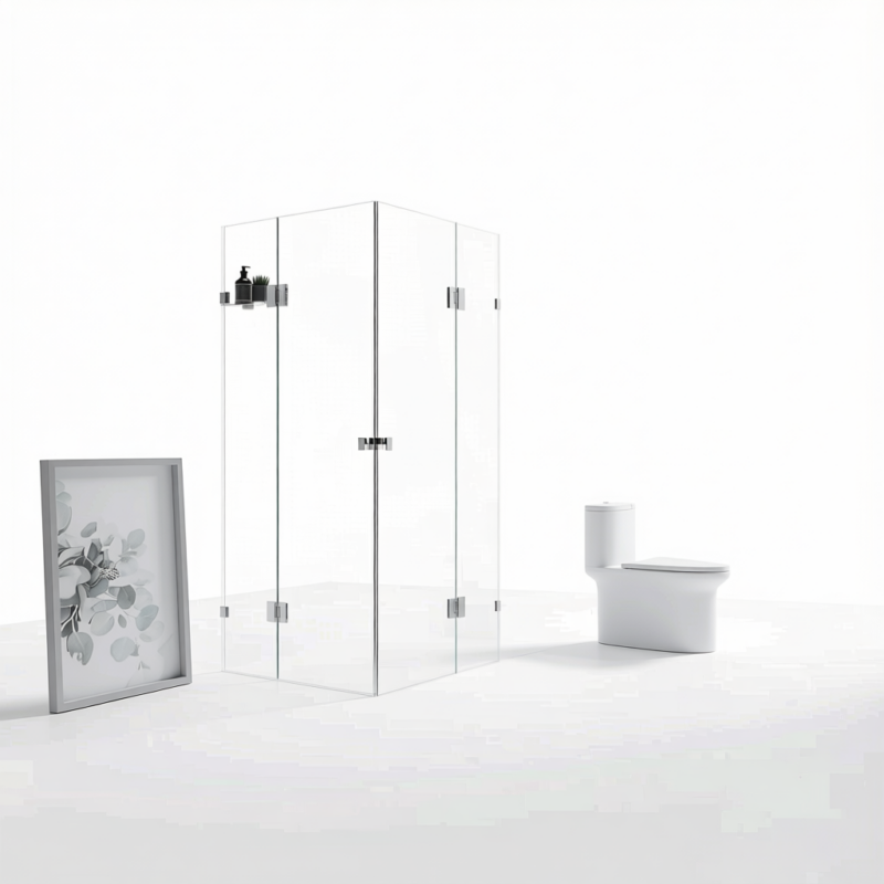 100x110cm Double Door Corner Shower Screen F-Brackets, SS Hinges & Square Double Pull Handle