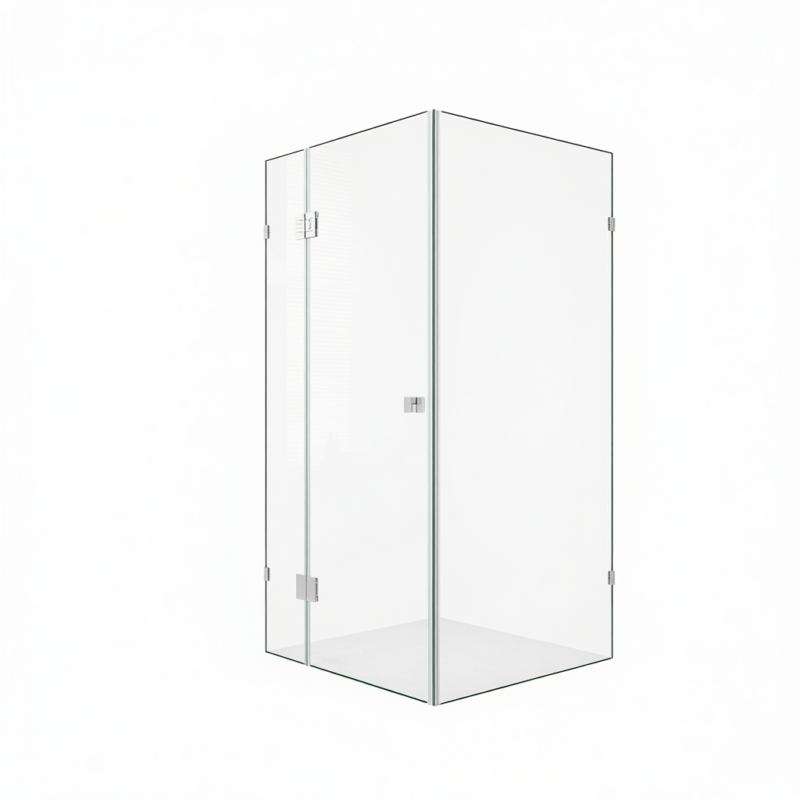 110x90cm Corner Frameless Shower Screen with F-Brackets and Brass Hinges, Square Double Pull Handle 110x90cm Corner Frameless Shower Screen with F-Brackets and Brass Hinges, Square Double Pull Handle