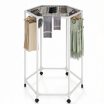360° Rotating Hexagonal Clothes Drying Rack with Wheels & Drying Net - Foldable Carbon Steel Indoor Airer for Balcony Laundry, Movable Rolling Garment Hanger Stand, Single Tier 123 x 80CM