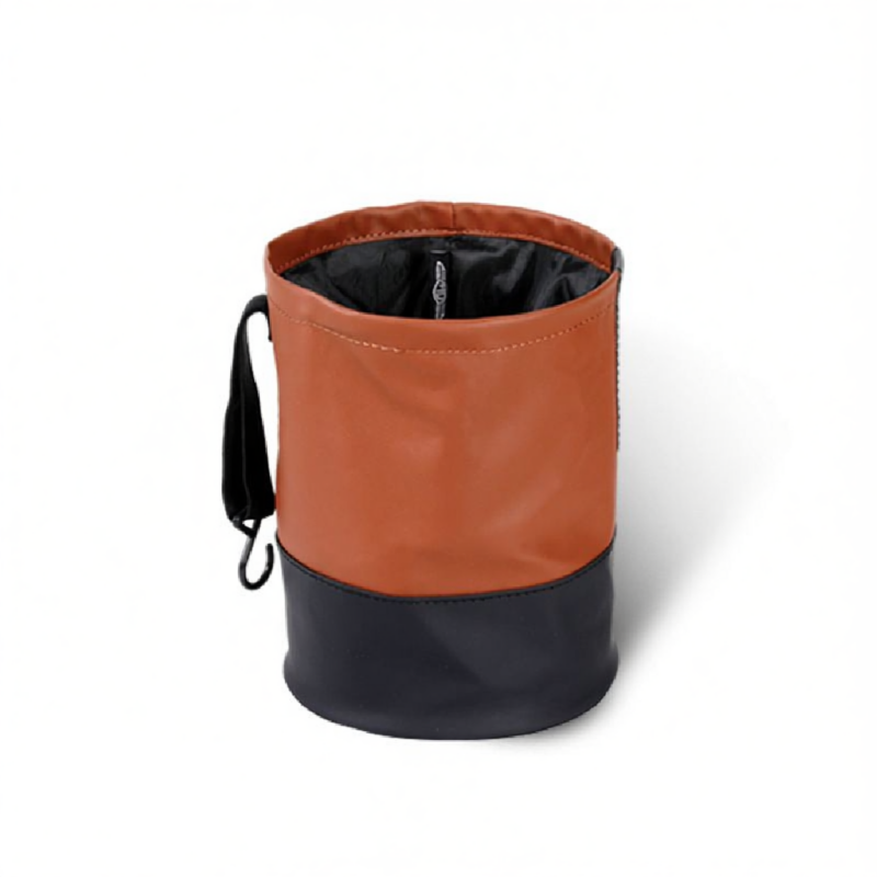 Brown Folding Car Trash Can with Hook - Waterproof Leather-Style Hanging Car Rubbish Bin, Collapsible Portable Waste Bag for Car Interior Storage