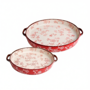 ceramic serving plate, double handled baking dish, pizza pan, cherry blossom pattern, underglaze, home kitchenware, oven safe dish, baking tray, serving platter, Australian kitchen - Size SET