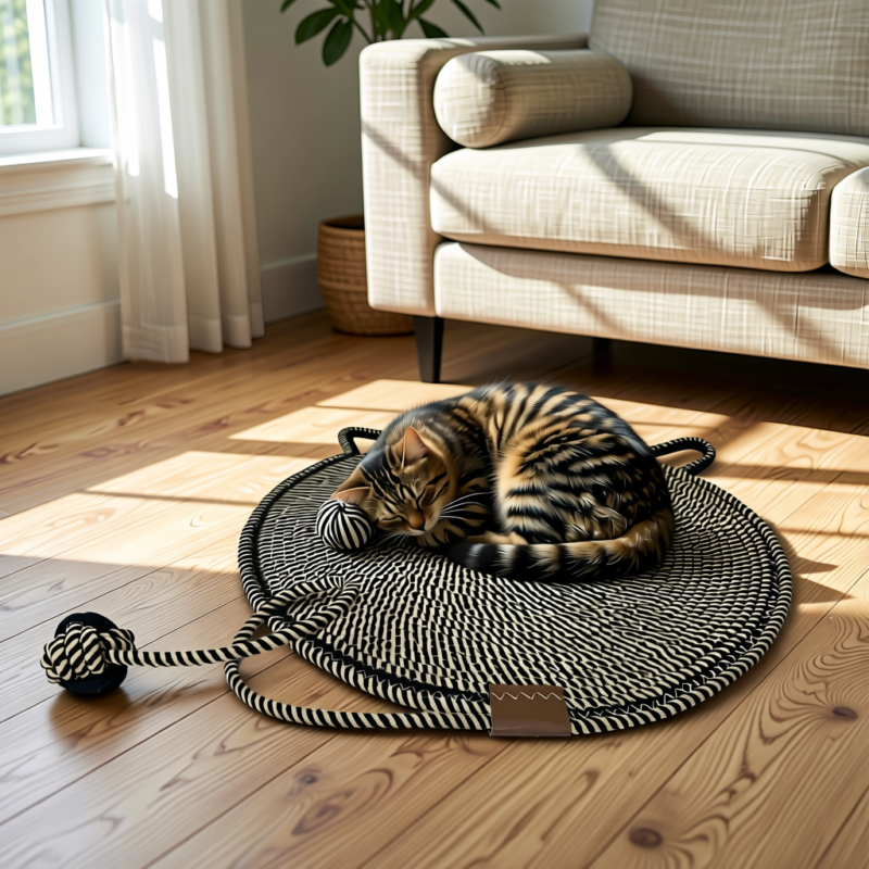 Durable Cat Scratching Mat with Attached Toy Ball - Washable and Multi-Functional, Ideal for Cats' Scratching and Sleeping - 50cm Diameter
