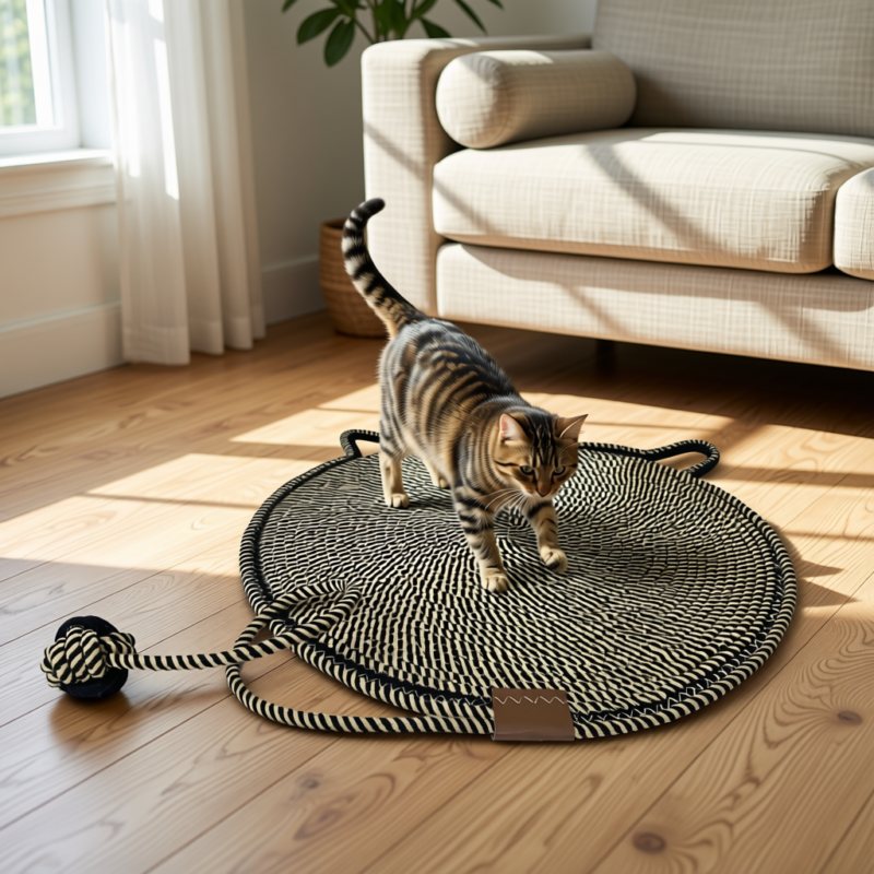 Durable Cat Scratching Mat with Attached Toy Ball - Washable and Multi-Functional, Ideal for Cats' Scratching and Sleeping - 50cm Diameter