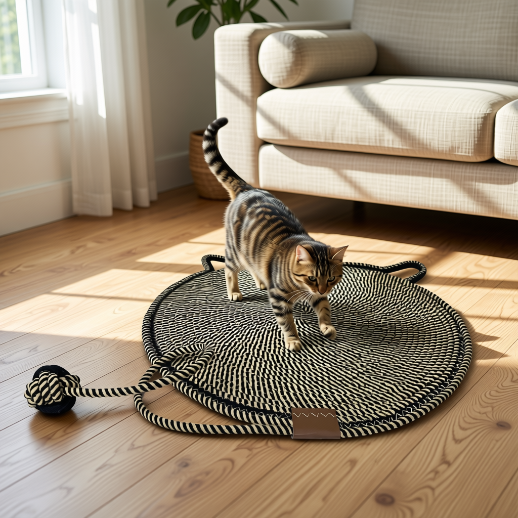 Durable Cat Scratching Mat with Attached Toy Ball - Washable and Multi-Functional, Ideal for Cats' Scratching and Sleeping - 50cm Diameter