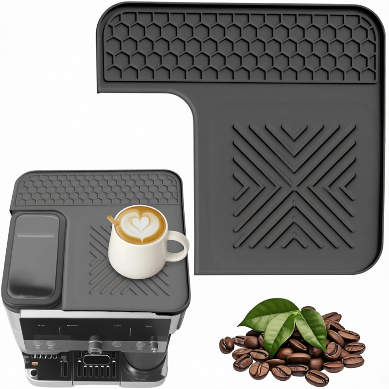 L Shaped Silicone Coffee Machine Mat, Non Slip Heat Resistant Espresso Machine Drip Tray Protector Pad-Black