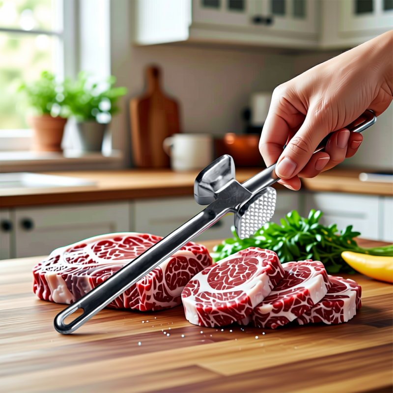 Meat Tenderiser Hammer in Plated Silver for Kitchen with Hanging Ring Handle