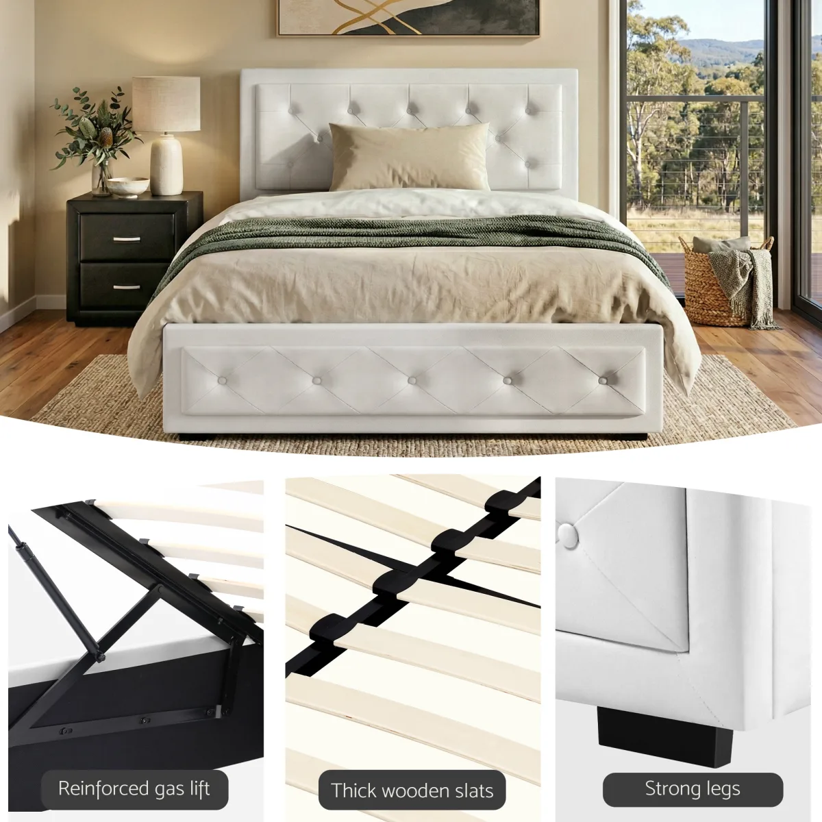 Artiss King Single Bed Frame Storage White Leather Gas Lift Bed Black Bedside Table Set