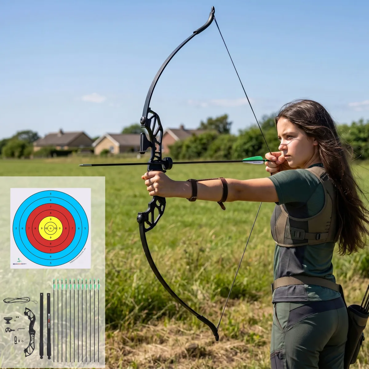 Everfit 55lbs Bow Arrow Set Recurve Takedown Archery Hunting for Beginner Green