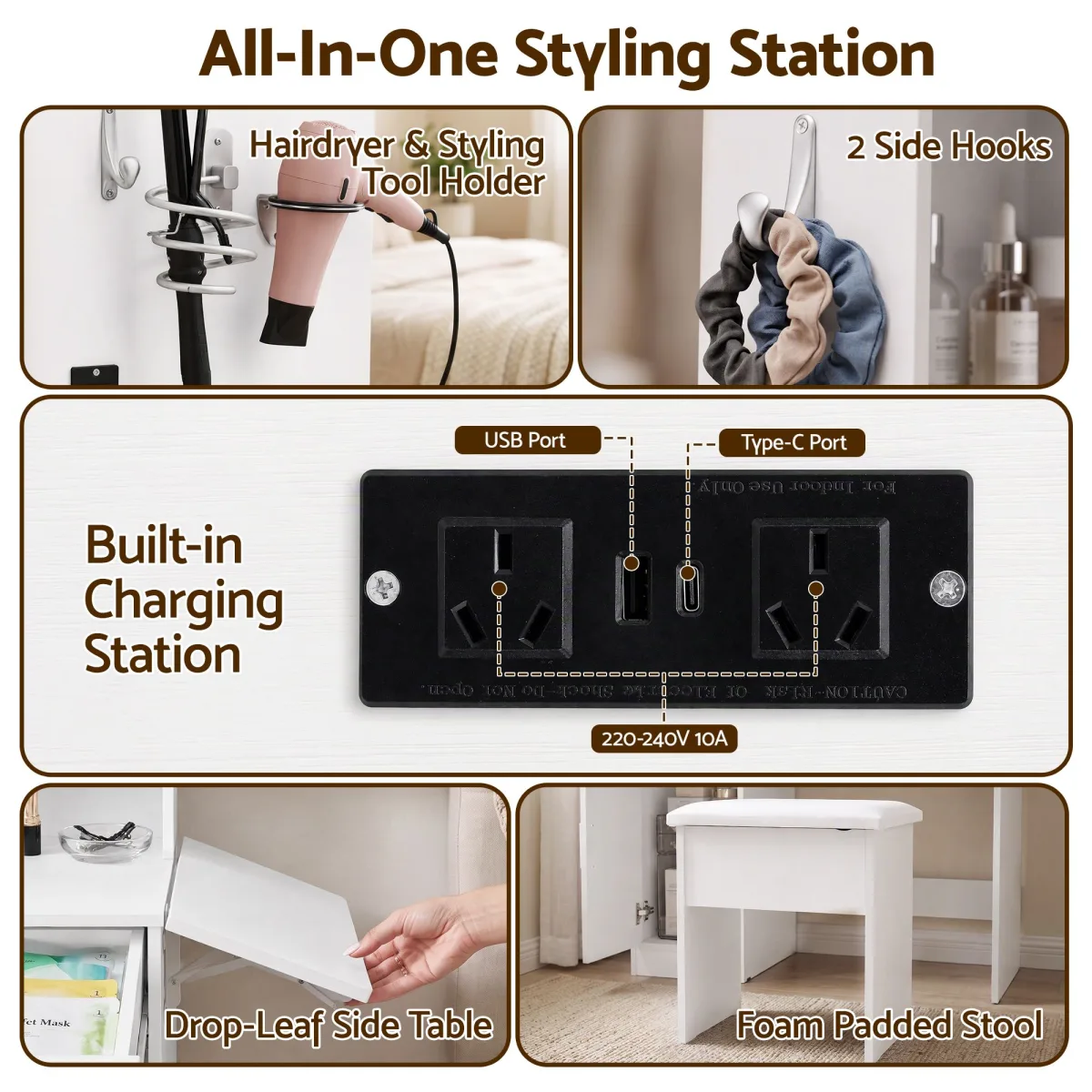 Artiss Dressing Table Vanity Desk Set Stool LED Charging Station White