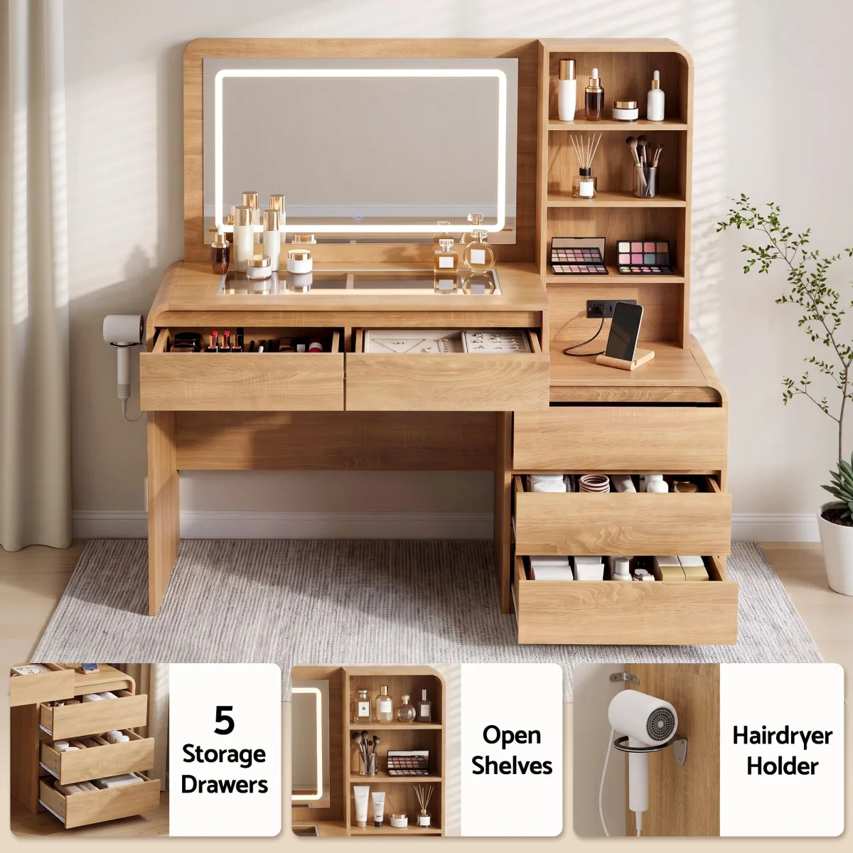 Artiss Dressing Table Makeup Vanity Desk LED Mirror Drawers Charging Station Curved Edge Wood