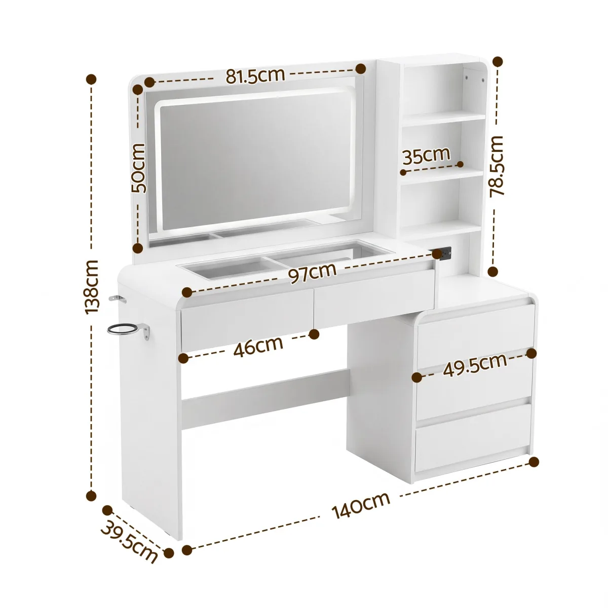 Artiss Dressing Table Makeup Vanity Desk LED Mirror Drawers Charging Station Curved Edge White