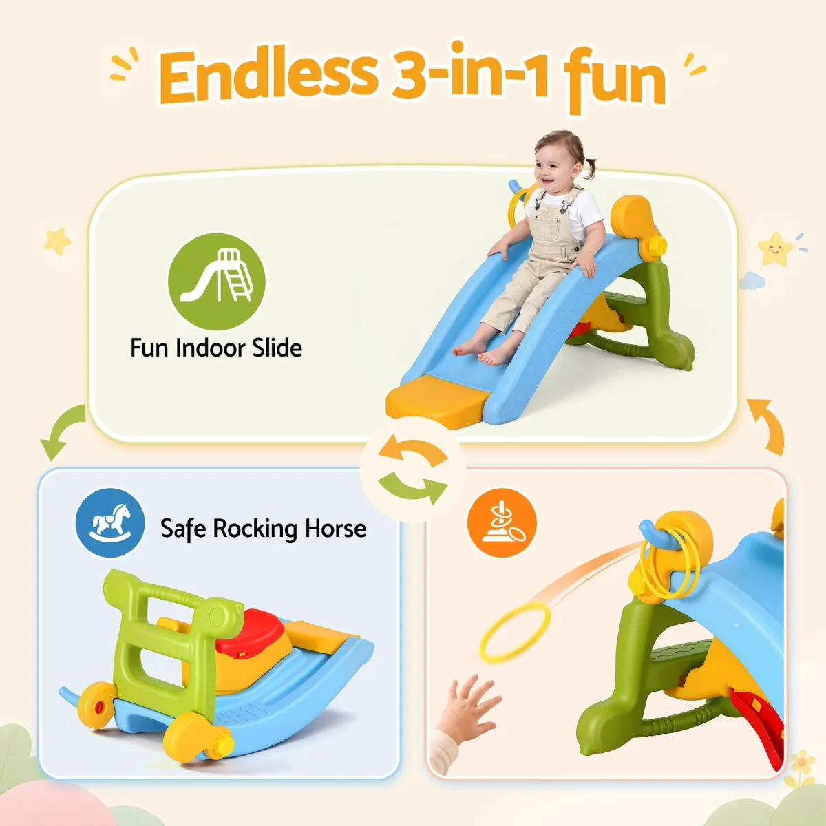 Keezi Kids Slide Set Toddler Indoor Playset Rocking Horse Ring Toss Multi Colour