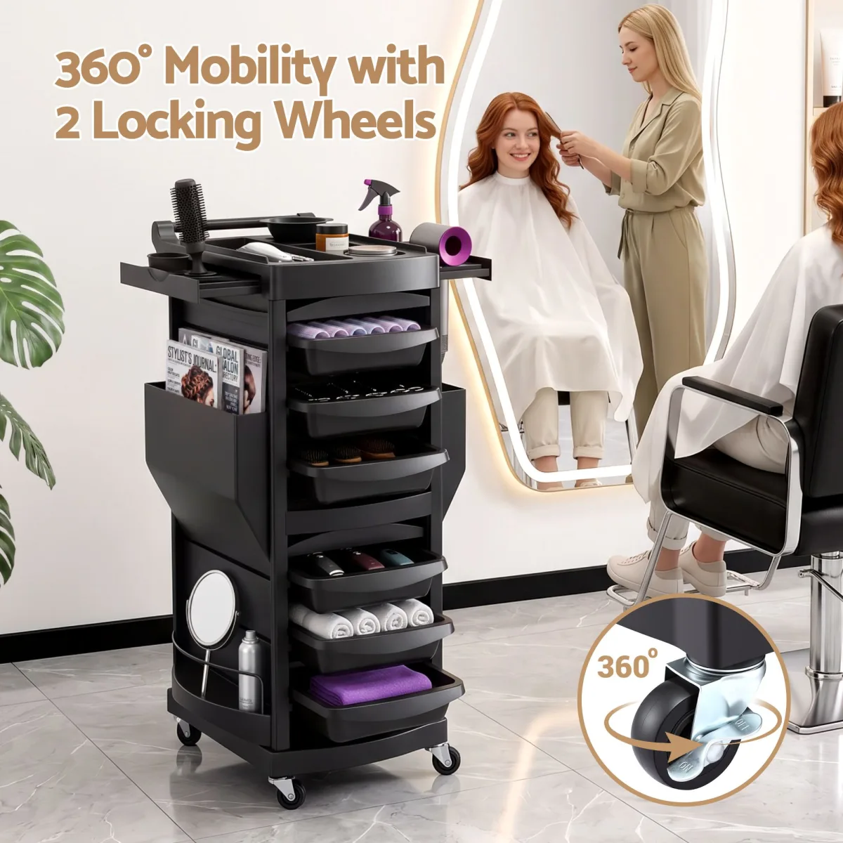 Embellir Salon Trolley 2 Lockable Doors 6 Tier Trays Mobile Hair Cart Black