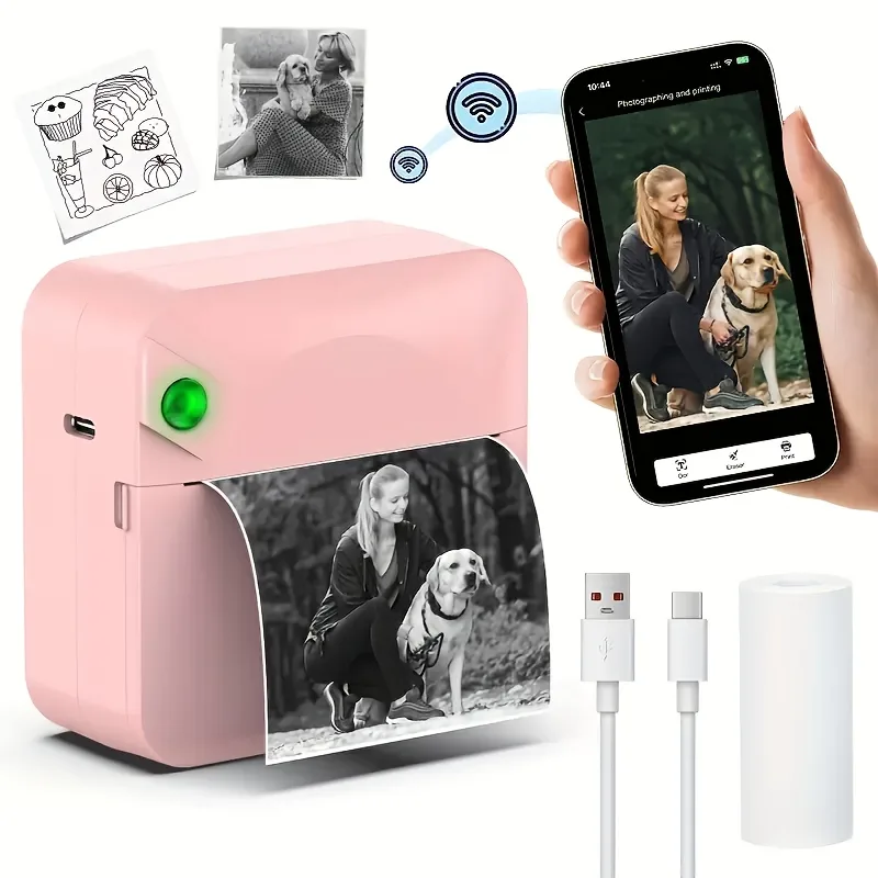 (White) Inkless Sticker Printer Mini Thermal Printer with Roll Thermal Paper, Wireless Pocket Printer, Smart Portable Receipt Printer for Photos, Diaries, Notes, and Preparation Work.