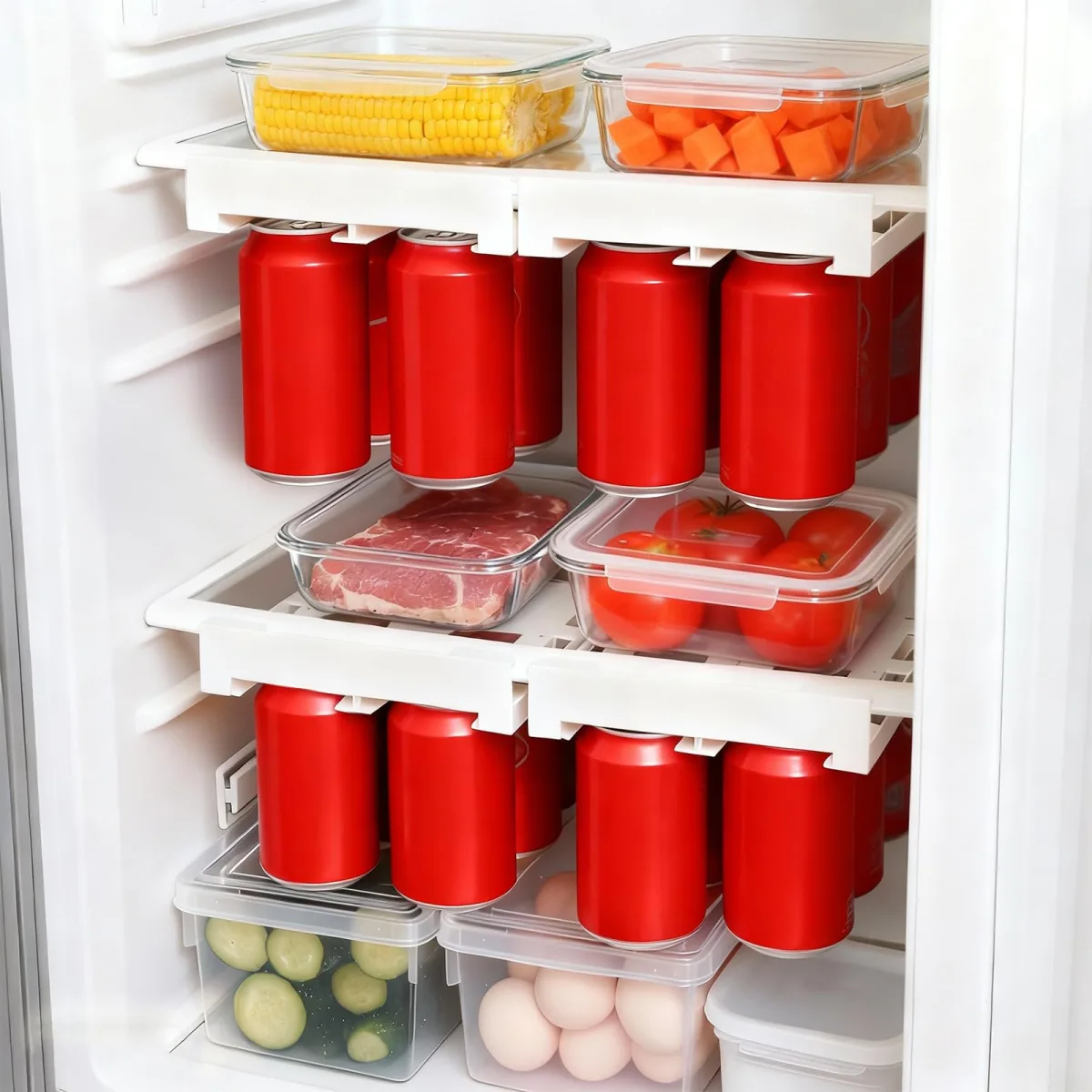 2-Pack Refrigerator Can Organizer – Hanging Soda & Beer Rack, Space-Saving Shelf for Fridge, Holds 8 Cans, Easy Installation (White)