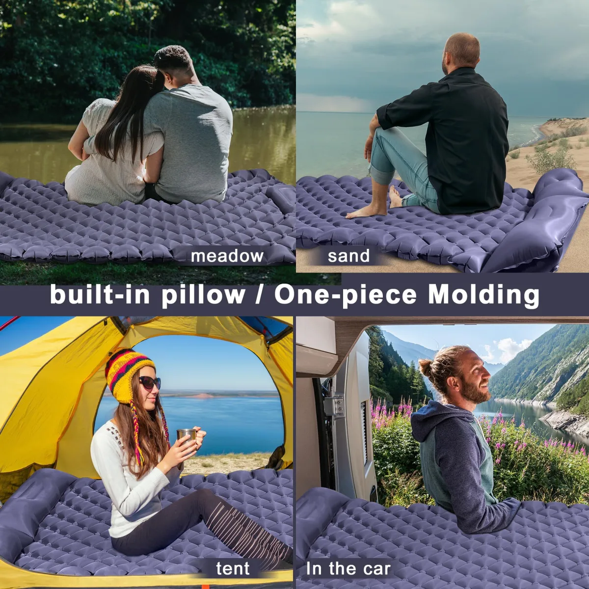 Double Camping Pad with Built-in Pillow: Foot Pump Inflatable Mattress for Tent/Backpacking – Ultralight, Foldable (Dark Blue)