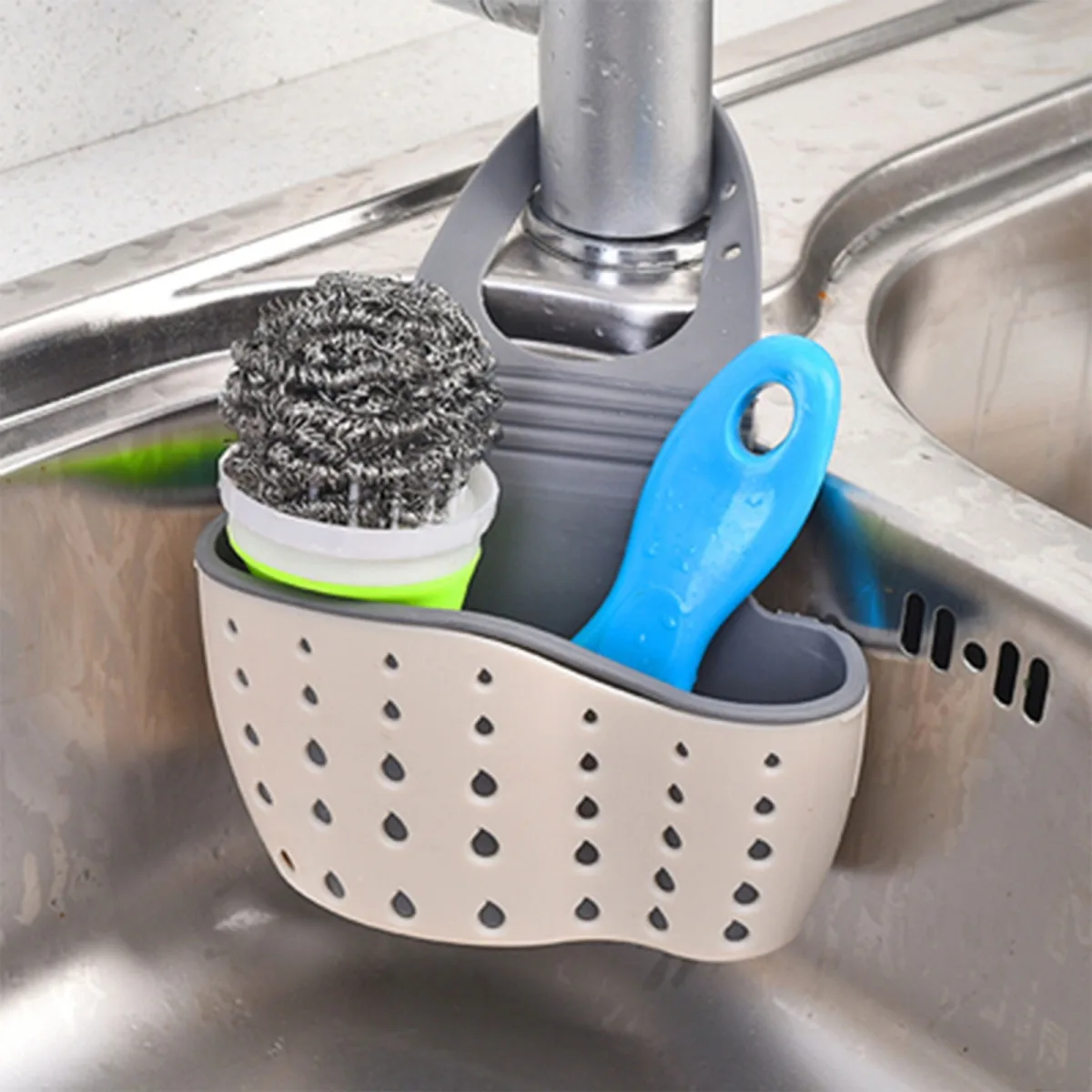 1 Piece Kitchen Sink Caddy Sponge Holder, Silicone Soap Holder with Adjustable Hanging Strap and Drain Holes, White, 13 x 22 cm