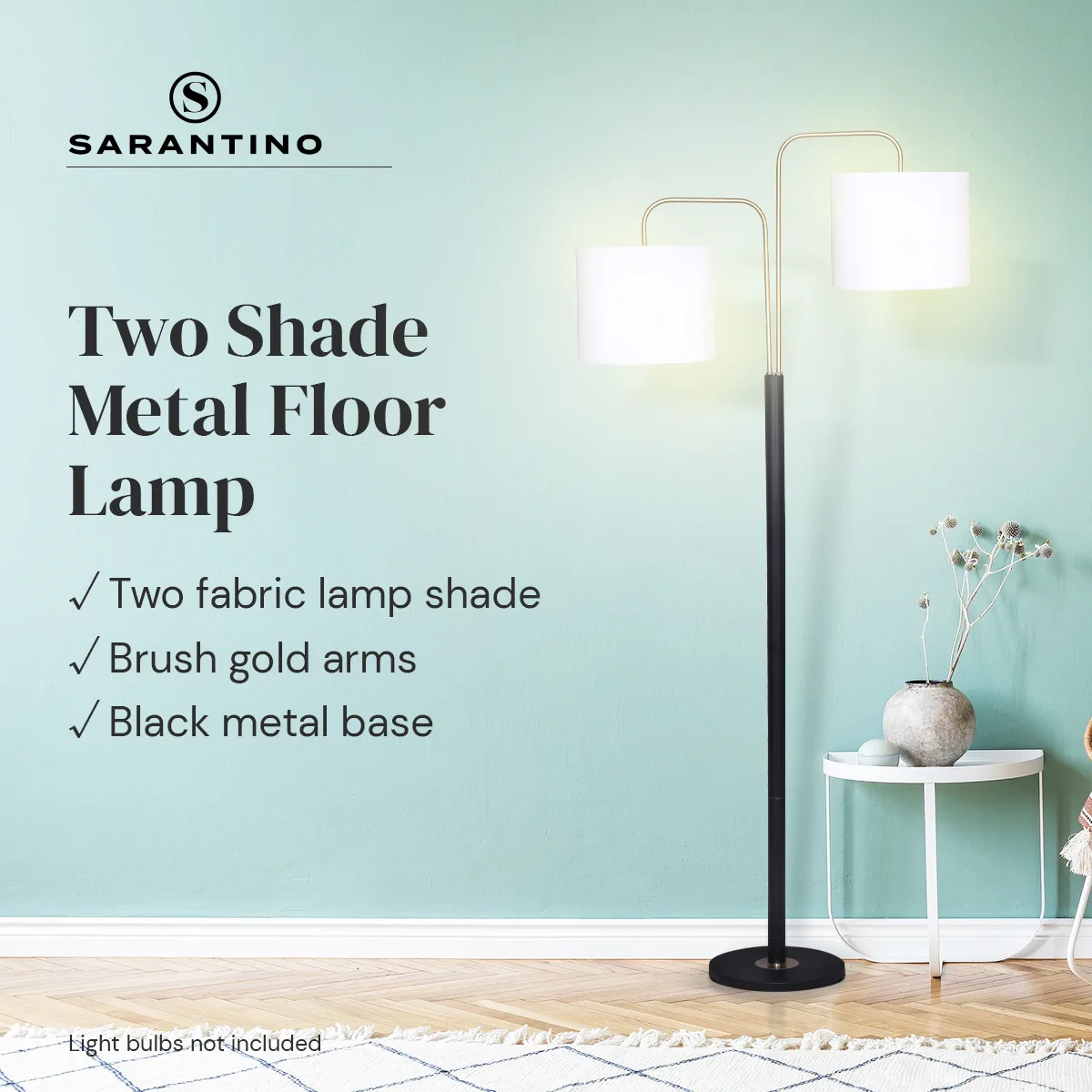 Sarantino Modern Black & Gold Task Floor Lamp with Adjustable White Linen Shade Standing Light for Living Room