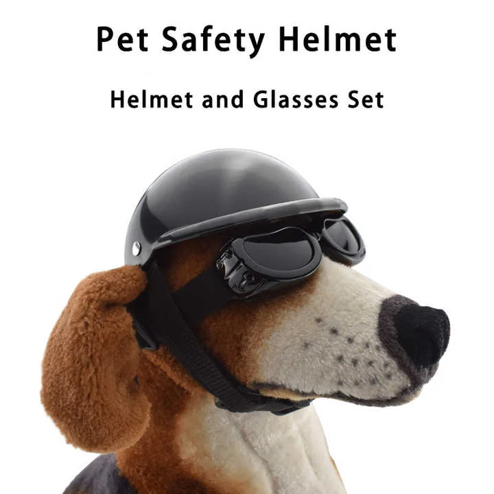 Size L Black Pet Helmet & Goggles Set - Adjustable Safety Gear for Dogs, UV Protection, Durable ABS Material, Stylish Outdoor Accessory