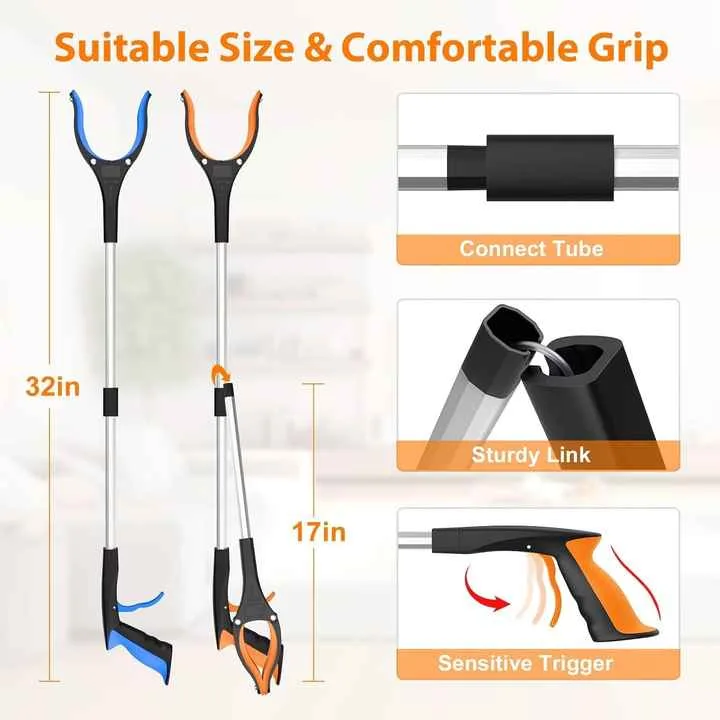 Orange Foldable Grabber Tool with Silicone Non-Slip Claws – Ideal for Litter Picking, Outdoor Use, and Household Cleaning