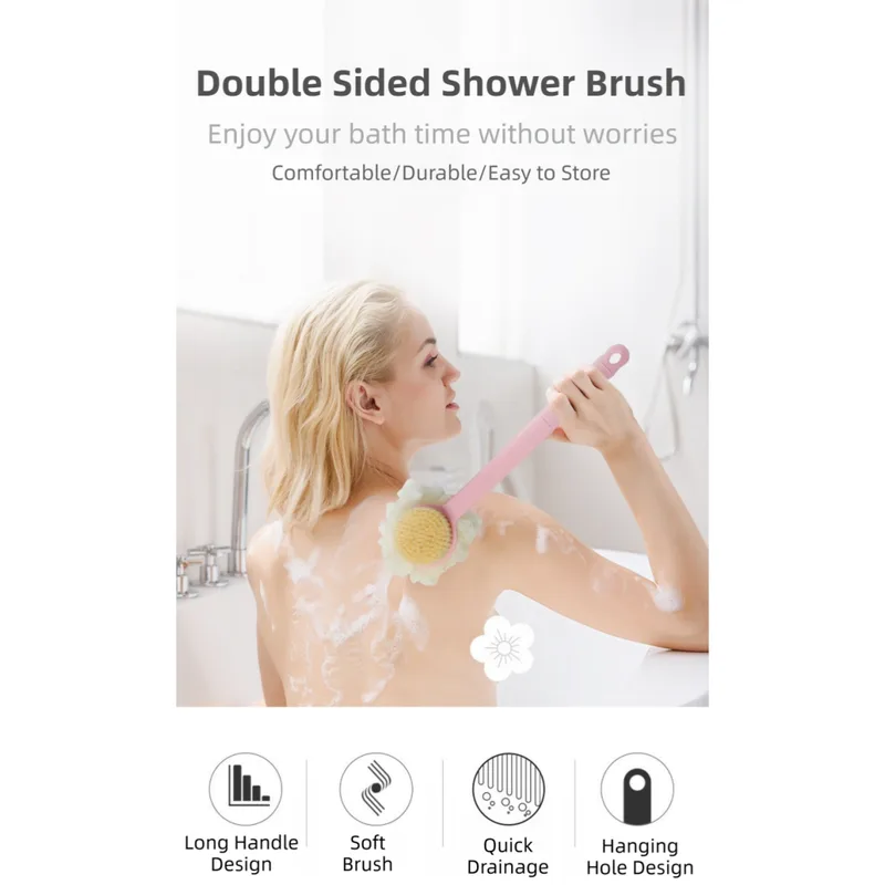2-Pack 2-in-1 Soft Bristle Long Handle Bath Brush & Shower Pouf Combo - Double-Sided Back Scrubber for Adults & Kids