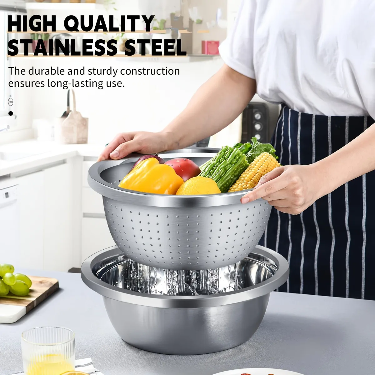 2-Piece Stainless Steel Micro-Perforated Strainer Bowls, Multipurpose Colanders and Mixing Bowls