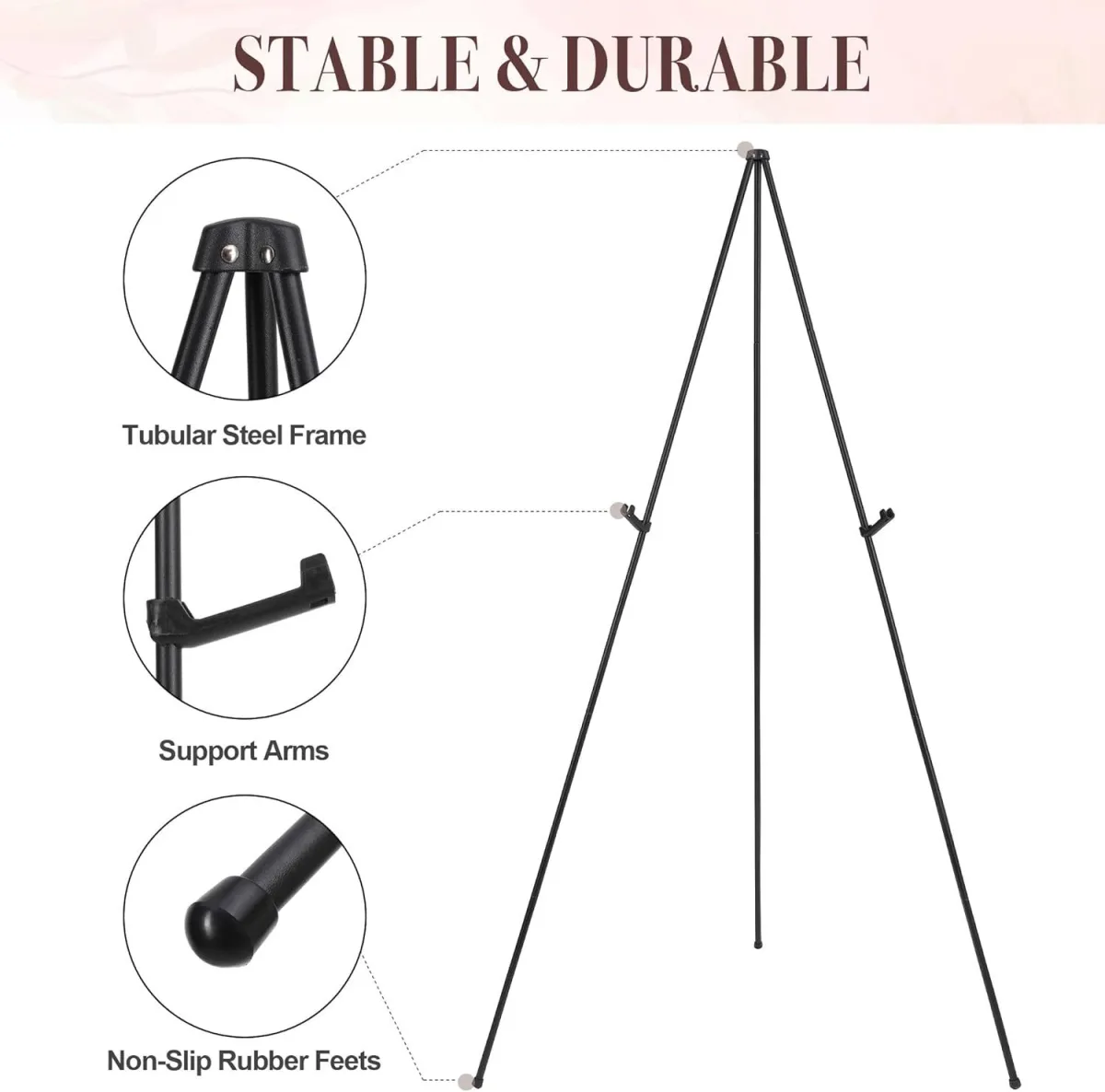 Portable Folding Metal Tripod Easel for Wedding Signs, Posters & Art Displays – Adjustable Height, Non-Slip Base (Black)