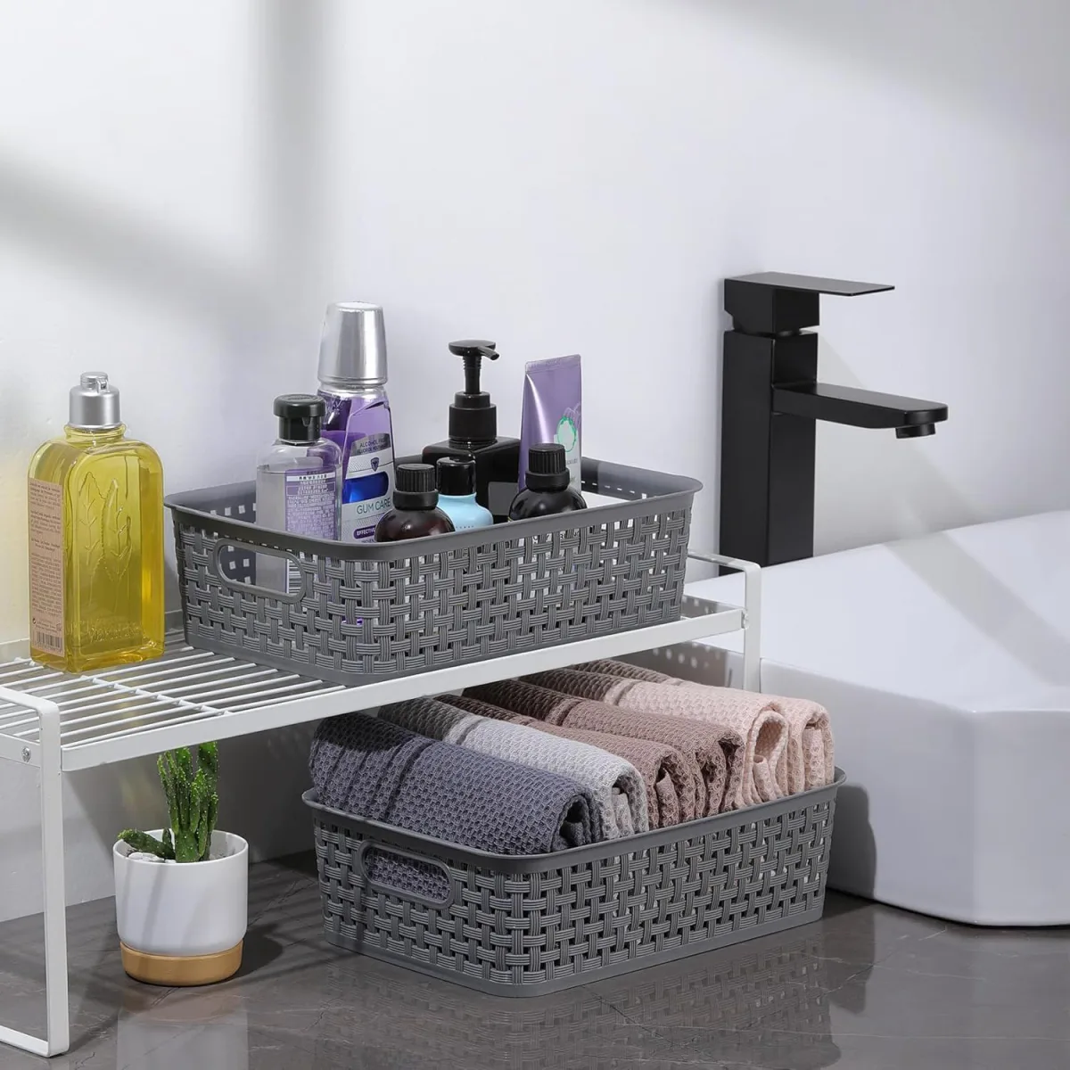 8-Pack Woven Plastic Storage Baskets for Bathroom Vanity, Kitchen Pantry & Office Desk Organization (Grey)