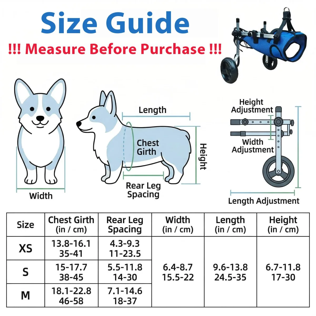 Small Adjustable Dog Wheelchair - Mobility Aid for Disabled Pets with Back Leg Issues - Leg Brace & Hip Support(blue)