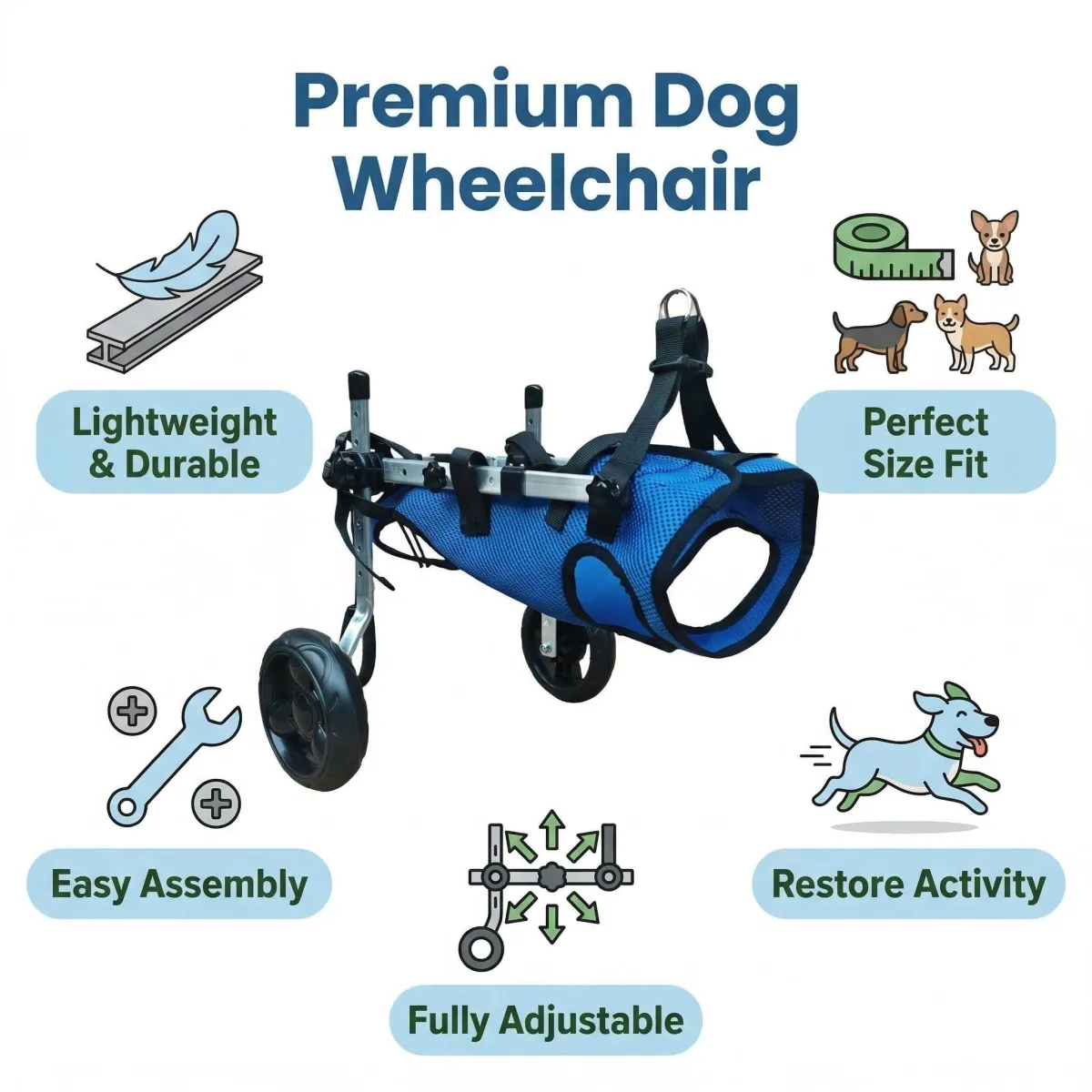Small Adjustable Dog Wheelchair - Mobility Aid for Disabled Pets with Back Leg Issues - Leg Brace & Hip Support(blue)