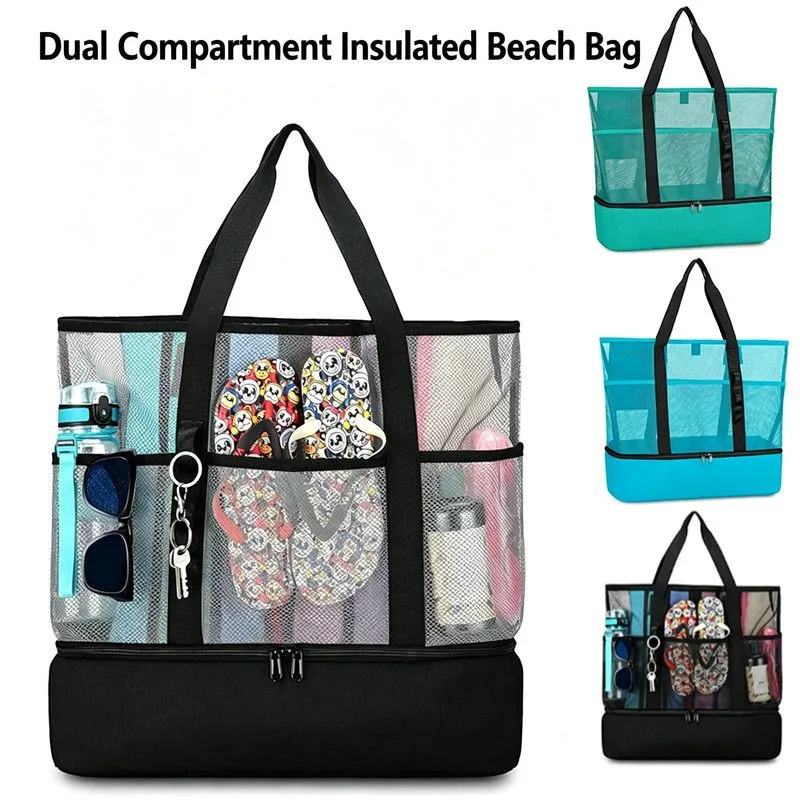 Dual Compartment Dry Wet Separation Beach Cooler Bag, Large Capacity Mesh Tote Bag, Oxford Insulated Lunch Bag for Picnic Swimming Camping Outdoor Travel(Blue)