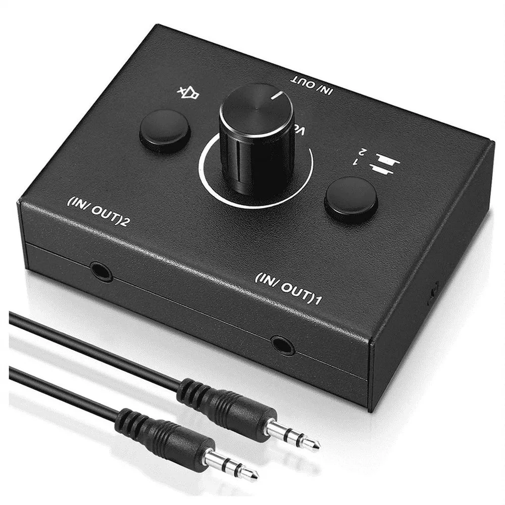 3.5mm Audio Switcher, 2 Input 1 Output/1 Output Splitter Switcher Box,One-Key Mute Button