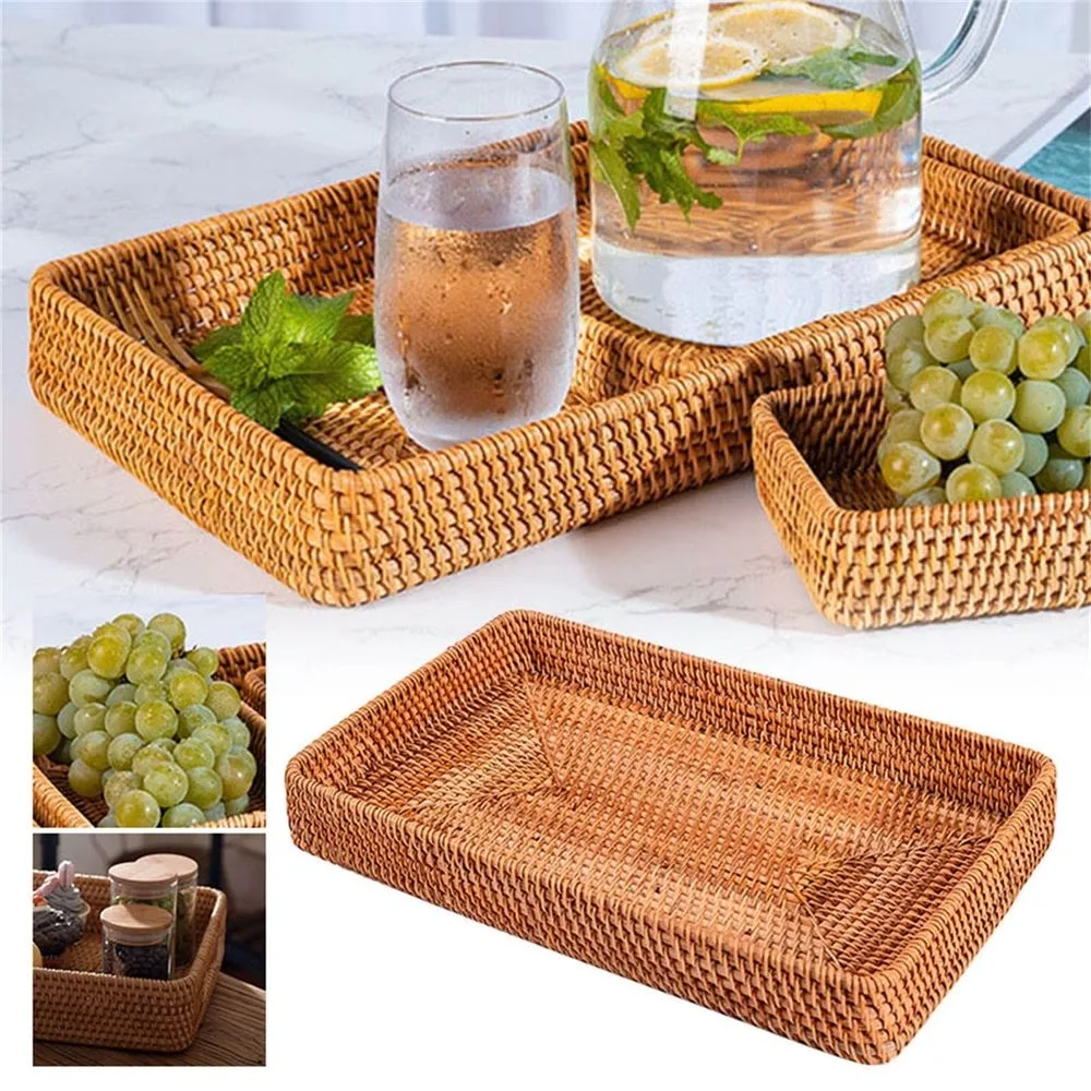 1 Pcs Wicker Storage Basket, Rattan Tray Rectangular Decorative Serving Woven Trays, Wicker Baskets Food Serving Holders for Storage Home Kitchen Restaurant Decor