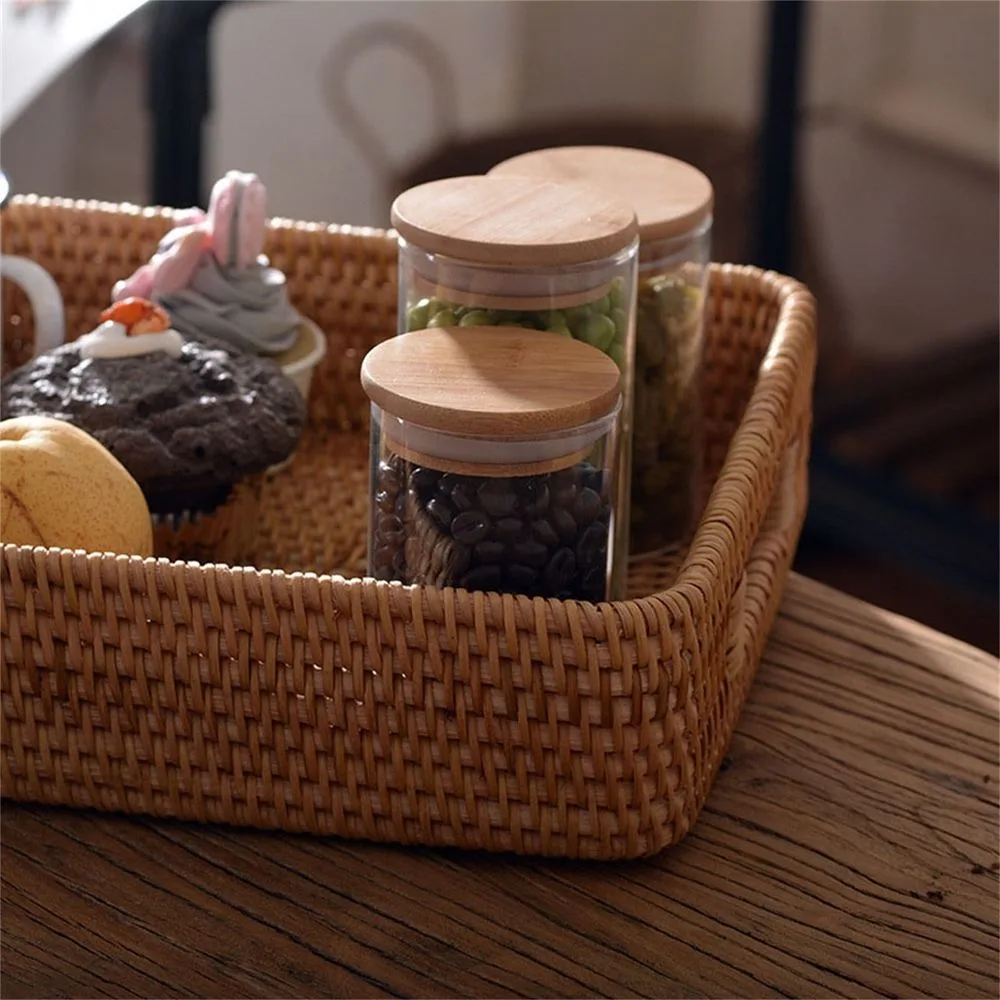 1 Pcs Wicker Storage Basket, Rattan Tray Rectangular Decorative Serving Woven Trays, Wicker Baskets Food Serving Holders for Storage Home Kitchen Restaurant Decor