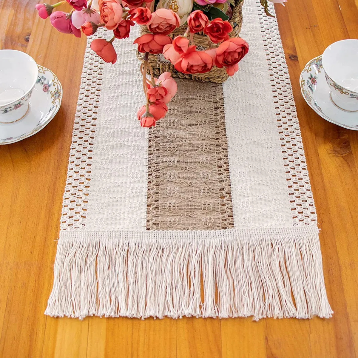 2-Pack Table Runner MX05, Cotton Trim on Both Sides, Blue Center, With Tassels