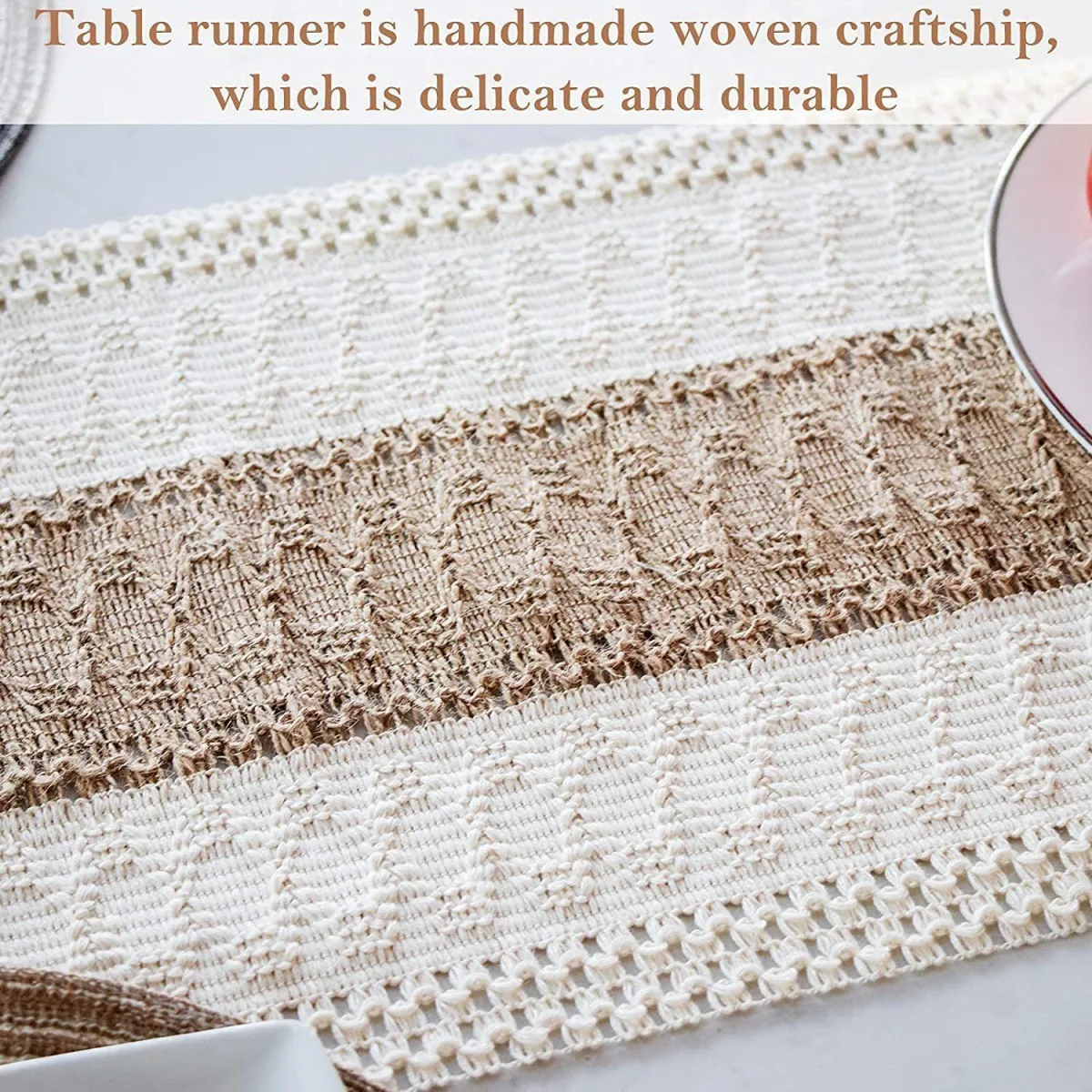 2-Pack Table Runner MX13, Grey Trim on Both Sides, Hexagon Pattern in Middle, With Tassels
