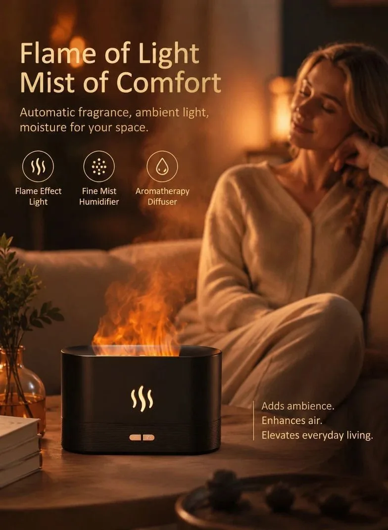 USB Flame Aroma Diffuser, Black RGB Light, Xmas Present