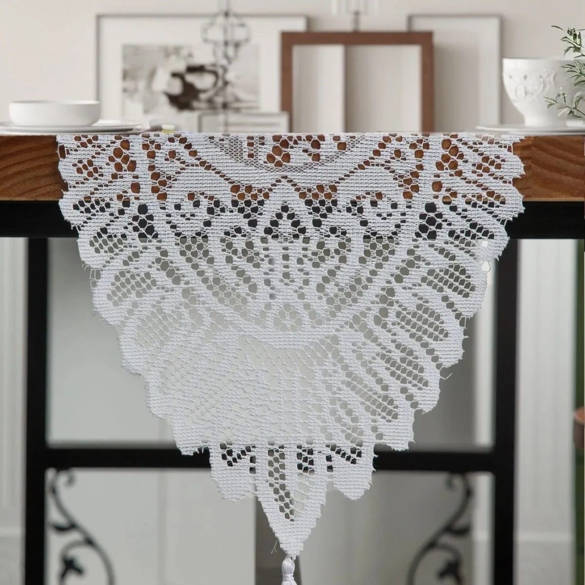 Long Lace Tassel Table Runner 33x183cm, White, Luxury Decor For Large Dining Tables