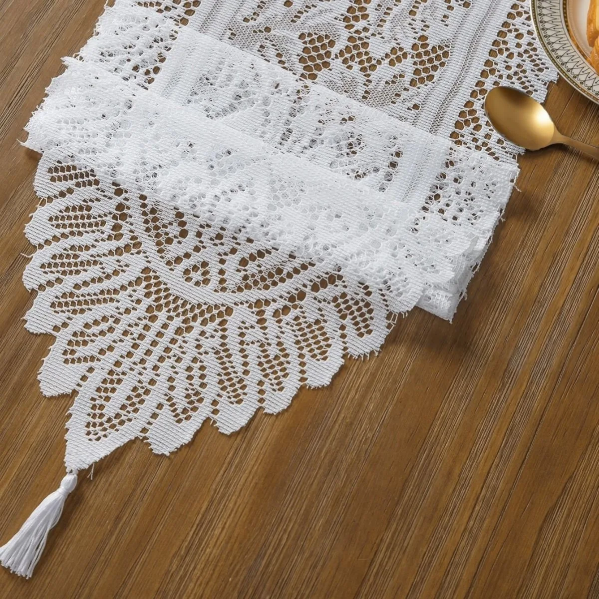 Fringe Lace Table Runner 33x122cm, Beige, Classic Style Indoor Table Layout Accessory