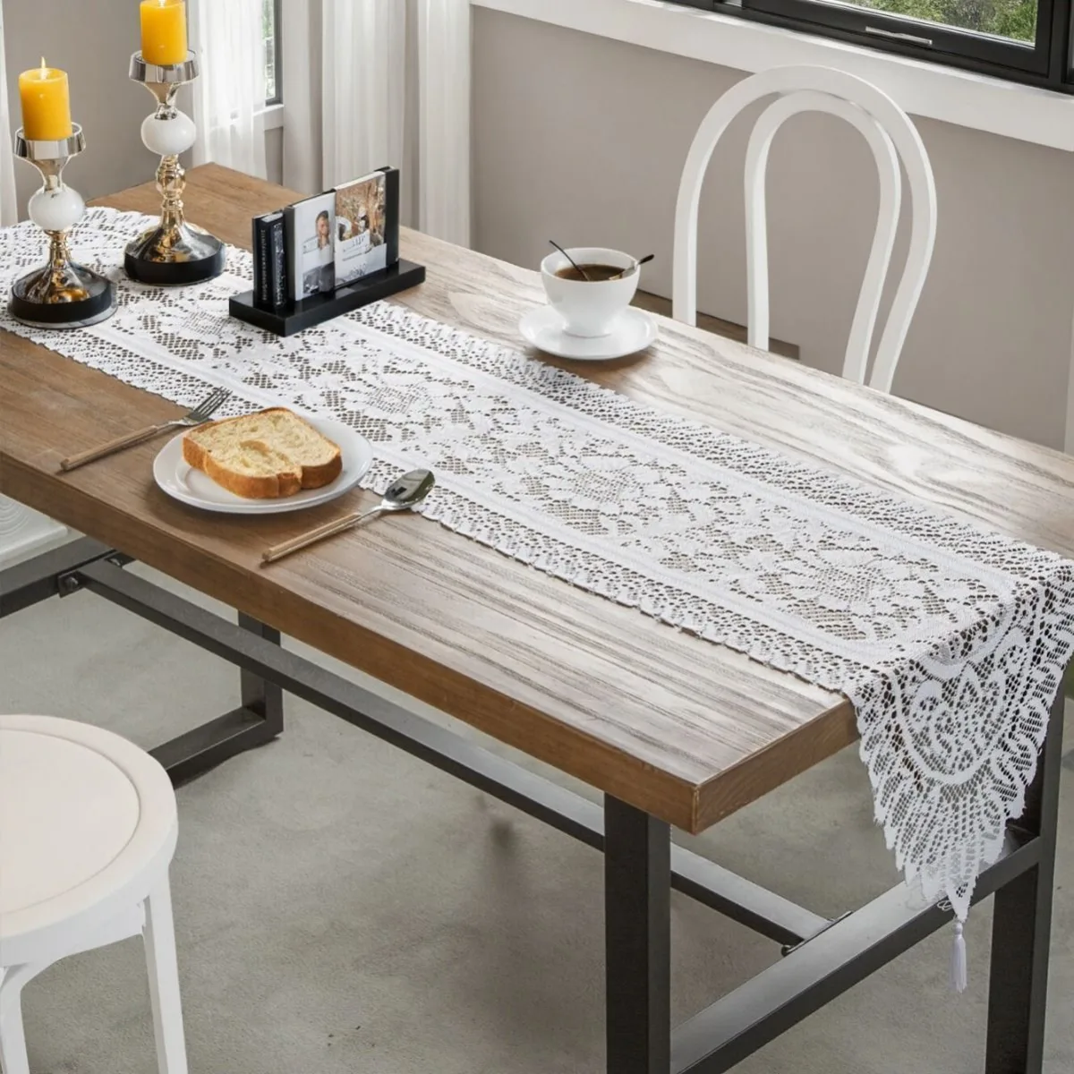 Extra Long Lace Tassel Table Runner 33x183cm, Beige, Match Rustic & Modern Home Style