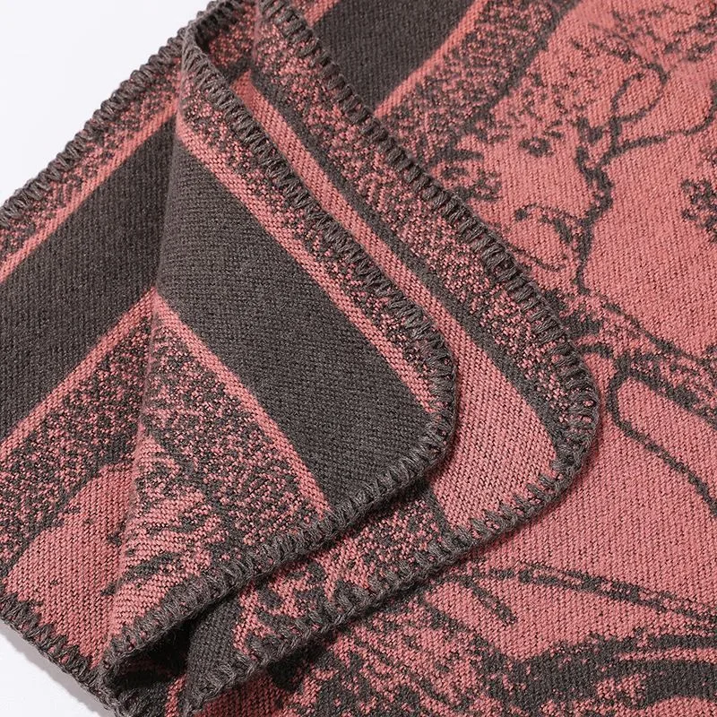 Stylish Knitted Outer Shawl, Playful Forest Deer Motif, Bright Rust Orange Red