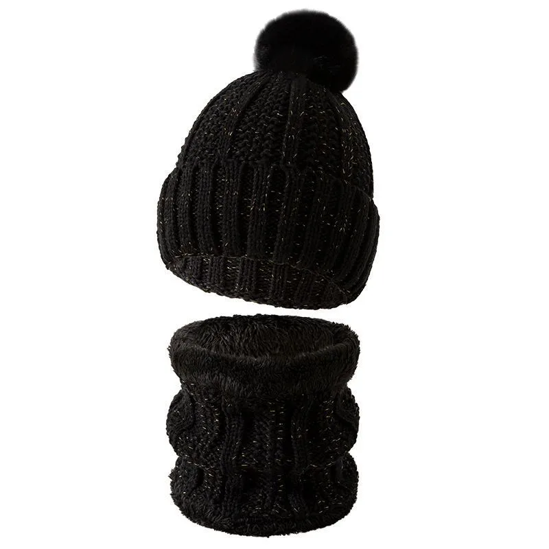 Handy Ski Holiday Gift Fleece Lined Thick Knit Hat 2 Pack Black, Thermal Snow Outdoor Matching Accessory