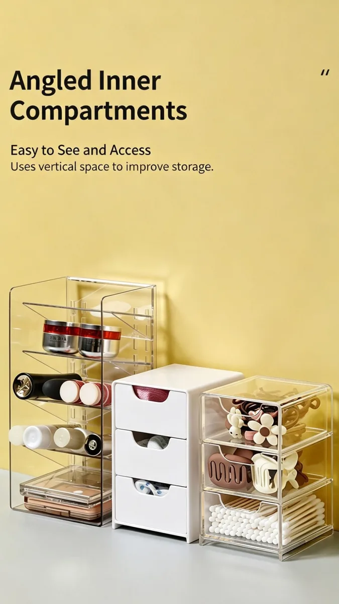 4 Tier Slanted Grid Acrylic Storage Rack, Clear Cosmetic Display Holder For Makeup Brushes & Skincare Items