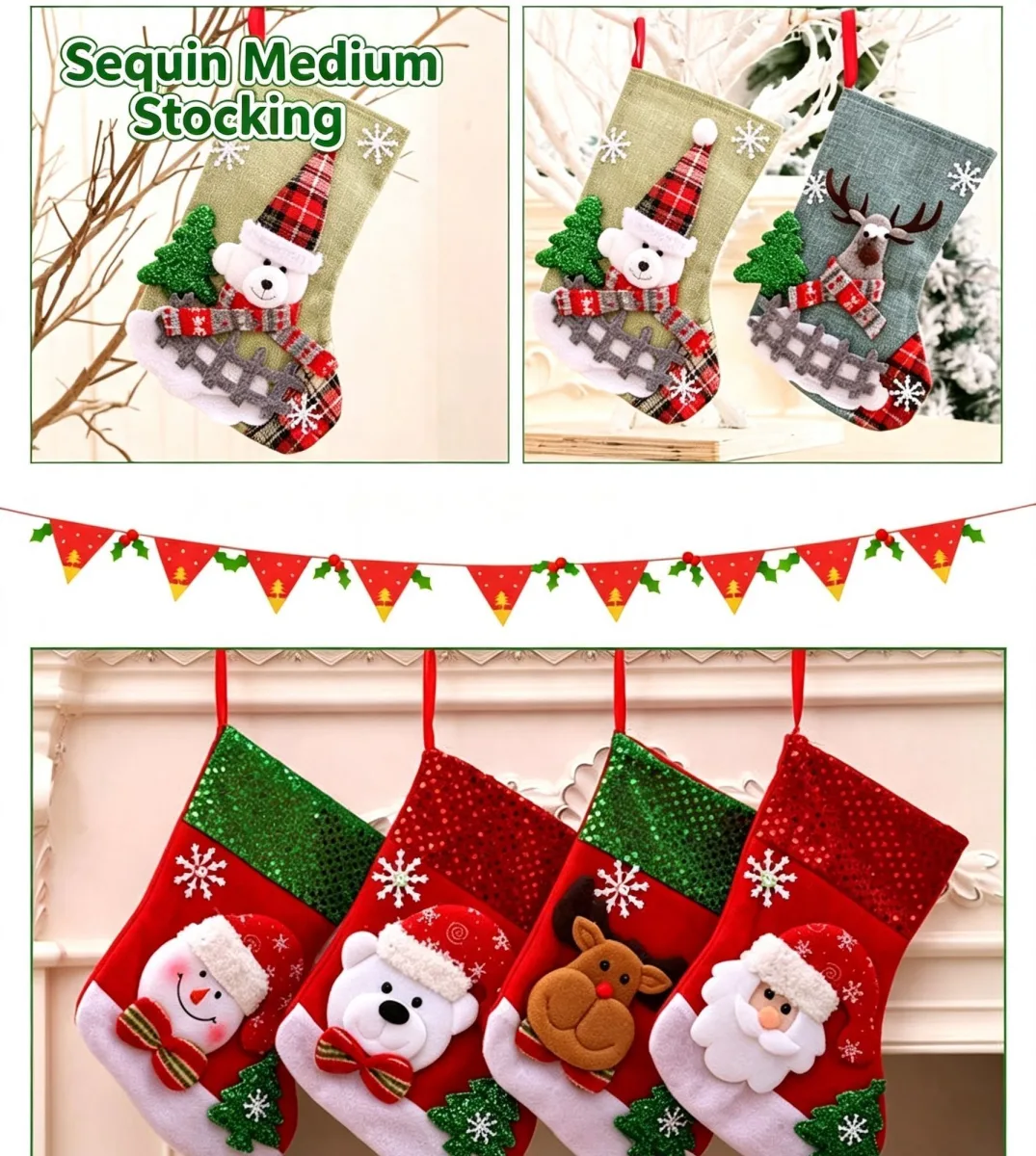 Medium Sparkle Sequin Santa Christmas Stocking, Shiny Xmas Hanging Gift Sack, 25*19cm
