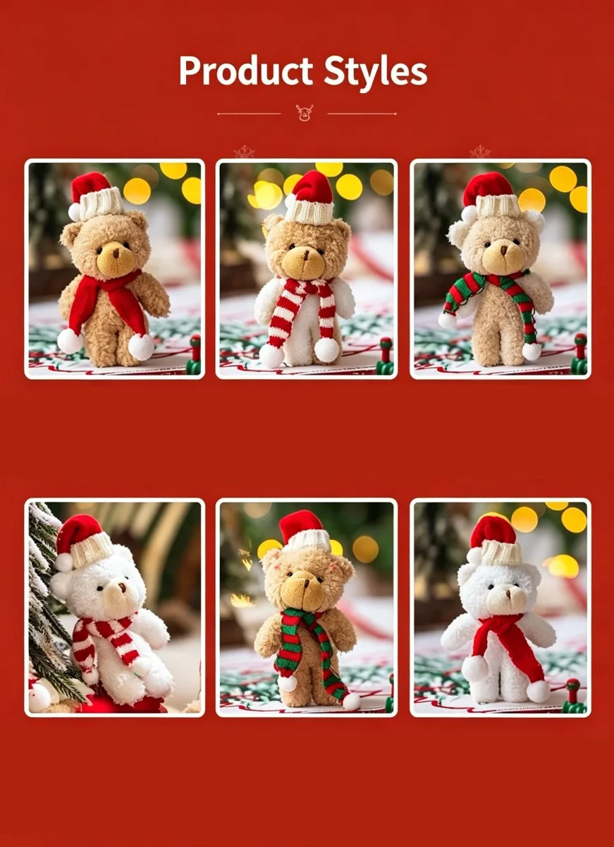 Brown Fluffy Christmas Bear with Pointed Hat and Red & Green Scarf, Cute Desktop Ornament for Xmas Scene Decoration and Tiny Festival Gifts