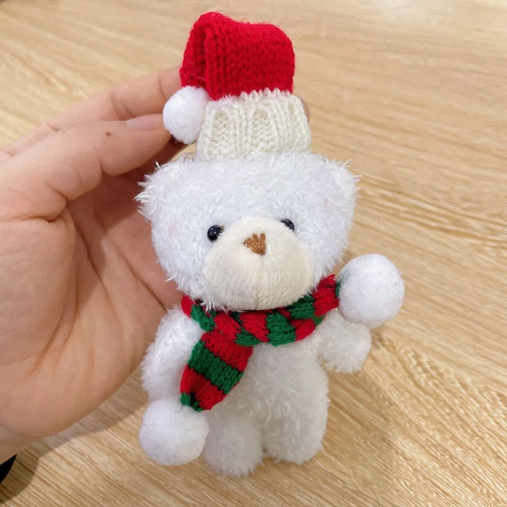 Brown Fluffy Christmas Bear with Pointed Hat and Red & Green Scarf, Cute Desktop Ornament for Xmas Scene Decoration and Tiny Festival Gifts