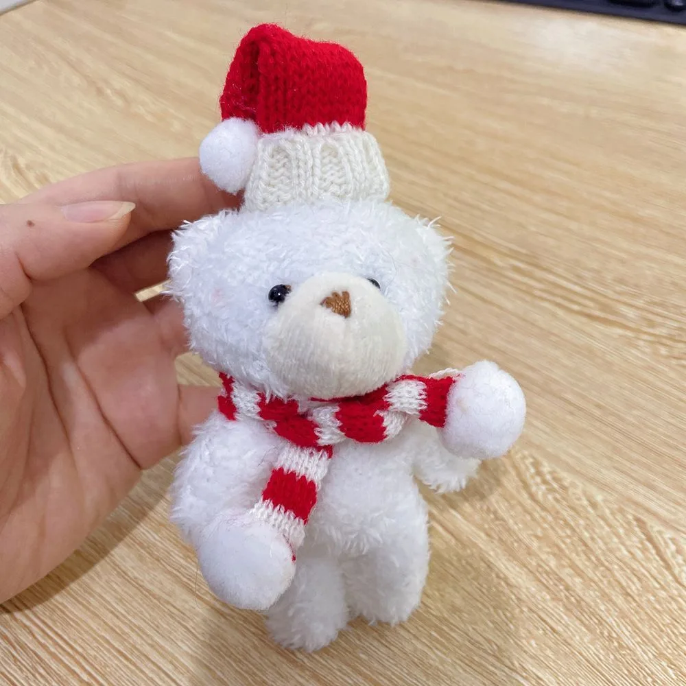 Brown Fluffy Christmas Bear with Pointed Hat and Red & Green Scarf, Cute Desktop Ornament for Xmas Scene Decoration and Tiny Festival Gifts