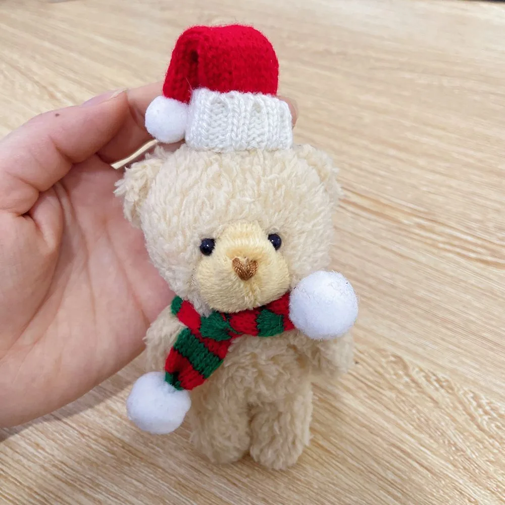 White Fluffy Christmas Bear with Green Dome Hat and Red & White Scarf, Adorable Desktop Statue for Home Xmas Layout and Gift Box Placement
