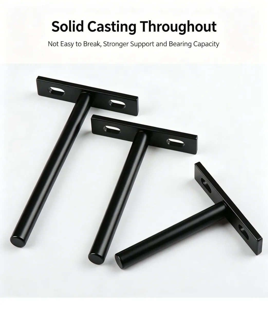 2" Black Hidden T Shelf Bracket 6Pcs w/ 5x60&5x80 Screws