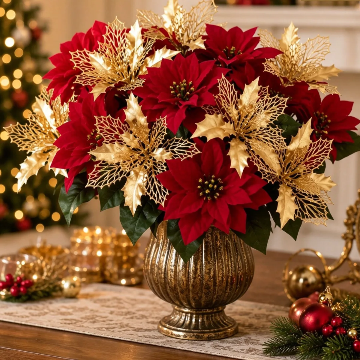 Christmas Gold Flower Bundle Artificial Floral Bunch DIY Home Decor SD56 2 Pcs Recommended Christmas Holiday Gift